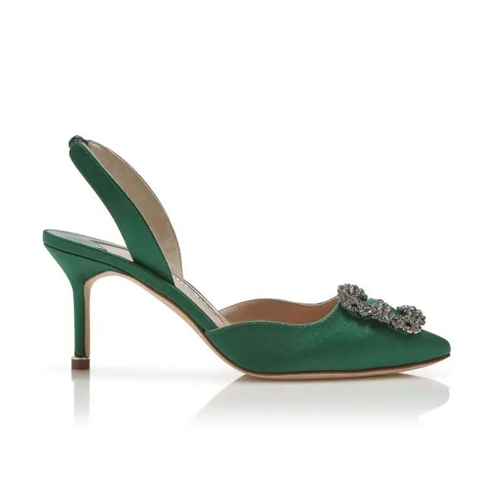 Manolo Blahnik Green Satin Jewel Buckle Slingback Pumps for Women Manolo Blahnik Green Satin Jewel Buckle Slingback Pumps for Women