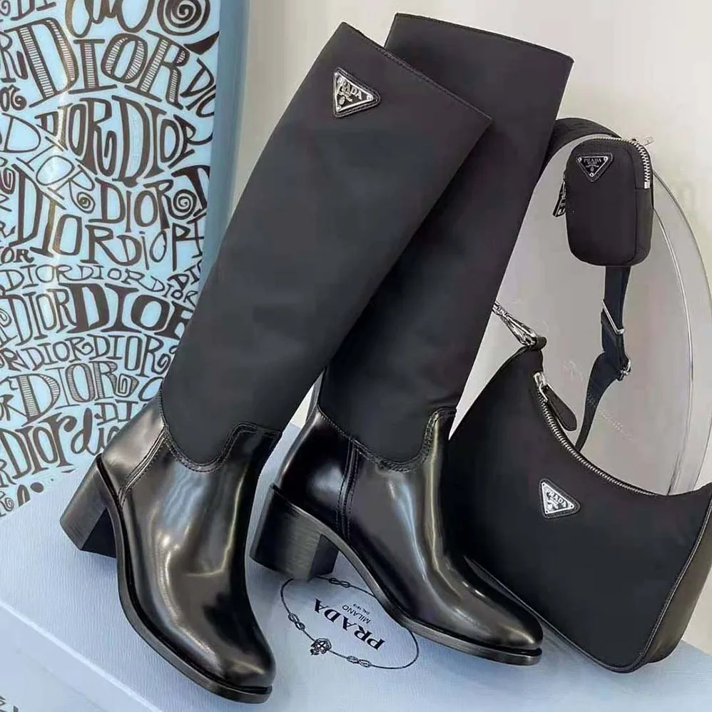 Prada Brushed Leather and Nylon Boots for Women in Black