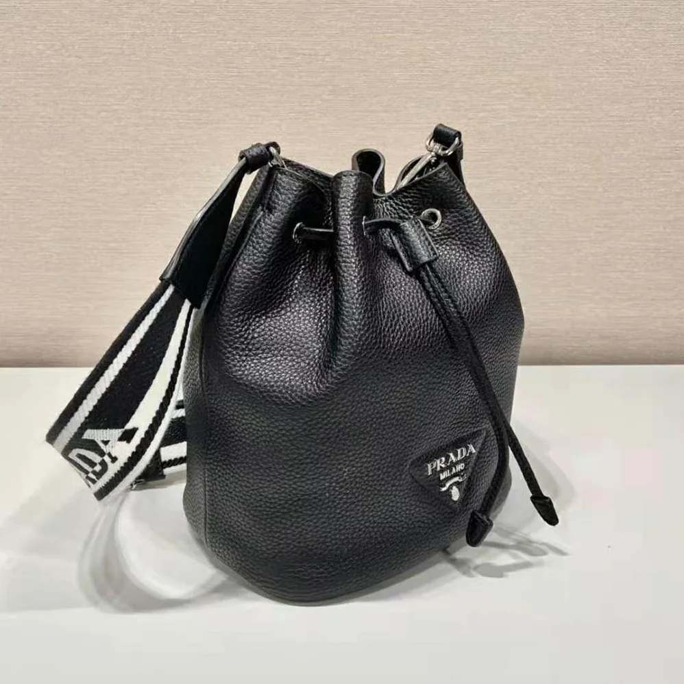 Prada Leather Bucket Bag with A Soft Silhouette for Women in Black