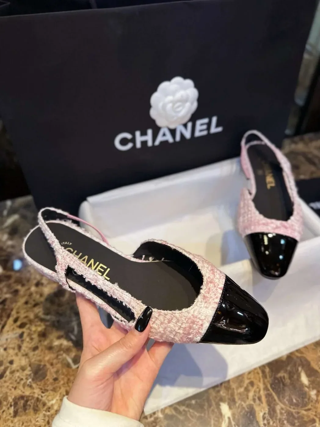 Chanel Sling Back Tweed Sandals Pink