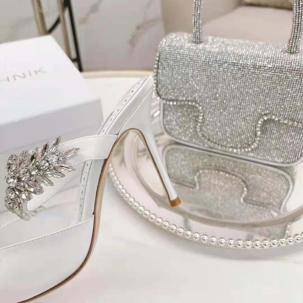 Manolo Blahnik White Satin Crystal Embellished Mules for Women