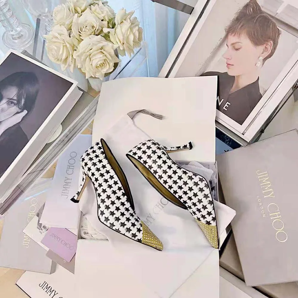 Jimmy Choo Nicole 90 Latte and Black Star Houndstooth Printed Wool Pumps for Women