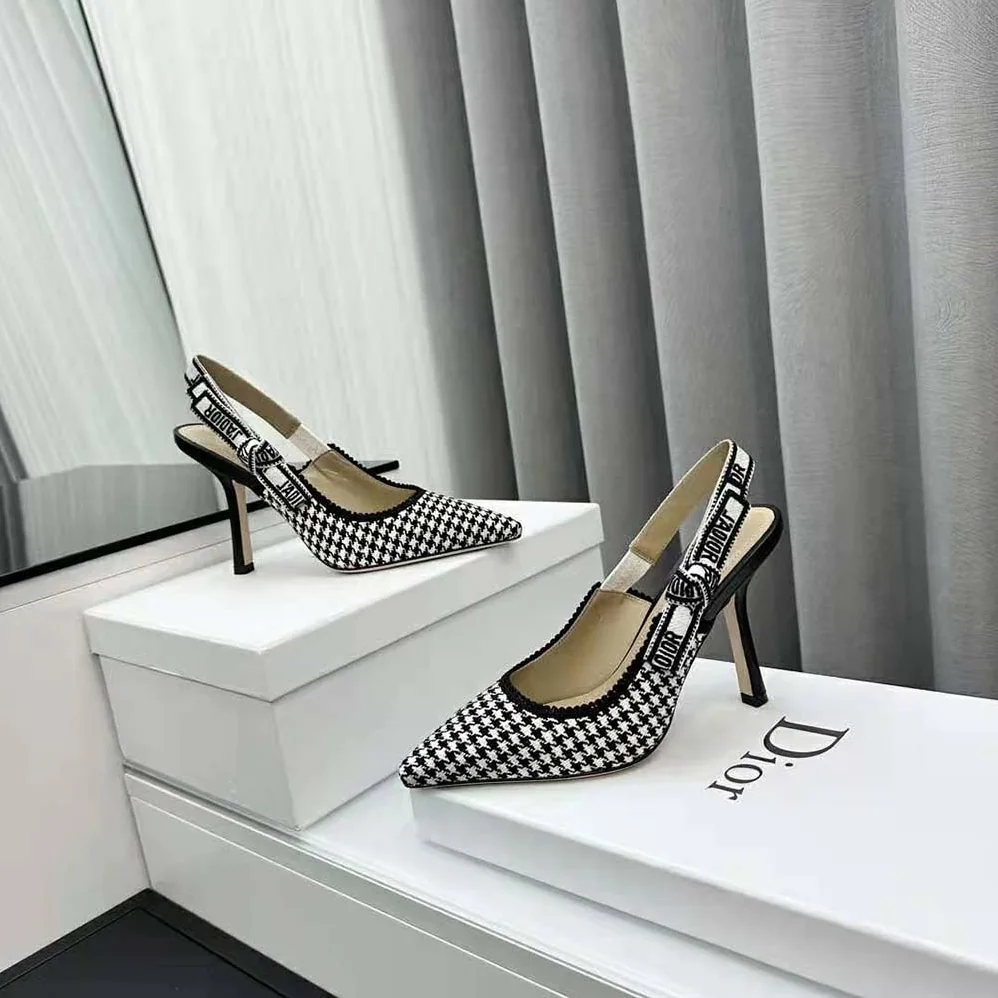 Dior J'Adior Slingback Pump White and Black Micro for Women in Houndstooth Embroidered Cotton