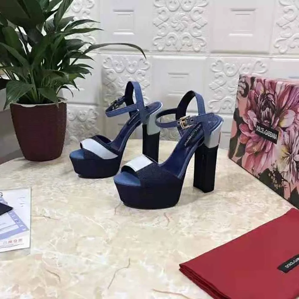 Dolce Gabbana D&G Patchwork Denim Platform Sandals for Women in Navy