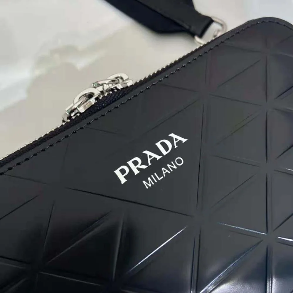 Prada Brique Brushed Leather Bag with Triangle Motif for Men in Black