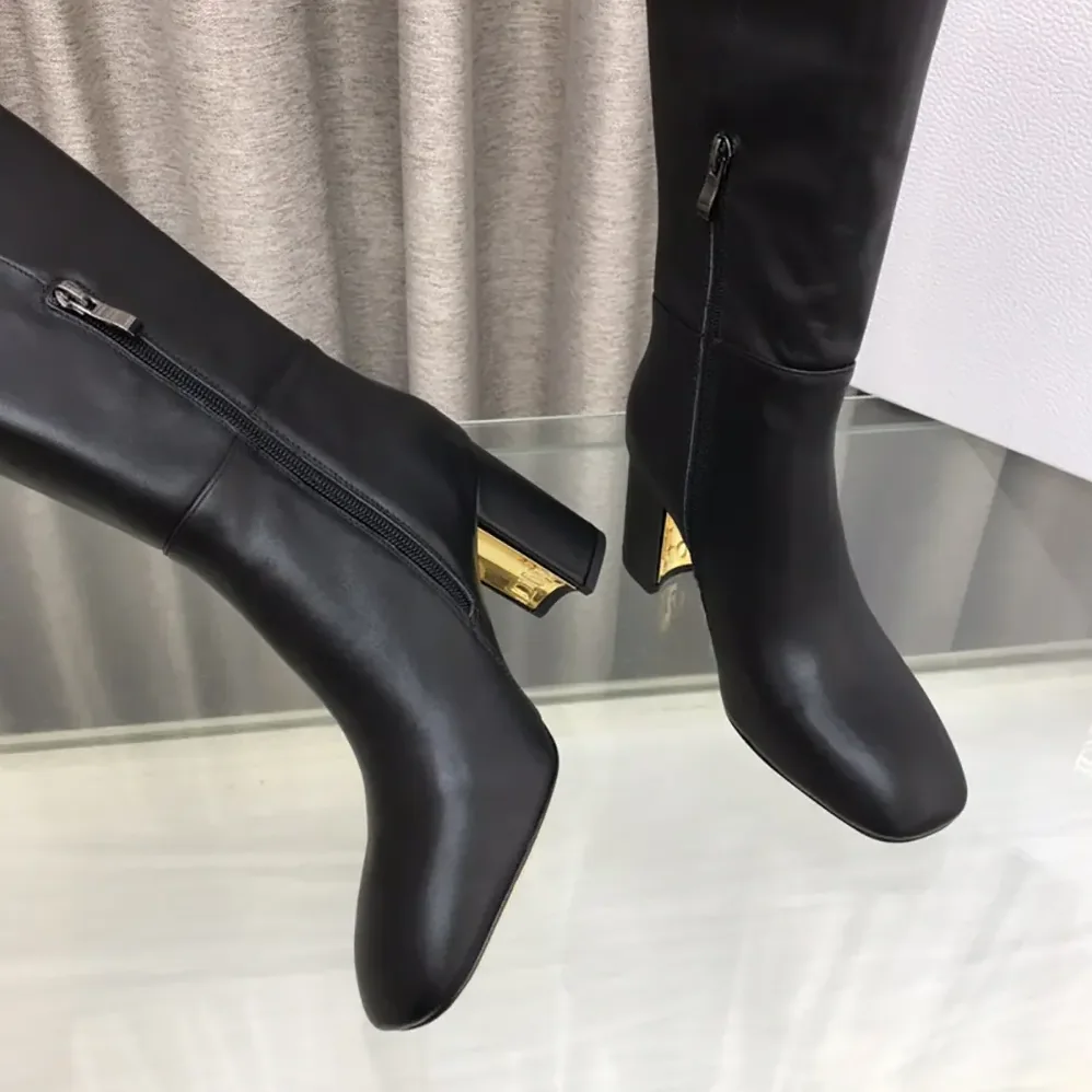 Dior Logo Knee-High Boot in Black Calfskin with Gold for Women in Tone Accents Dior Logo Knee-High Boot in Black Calfskin with Gold for Women in Tone Accents