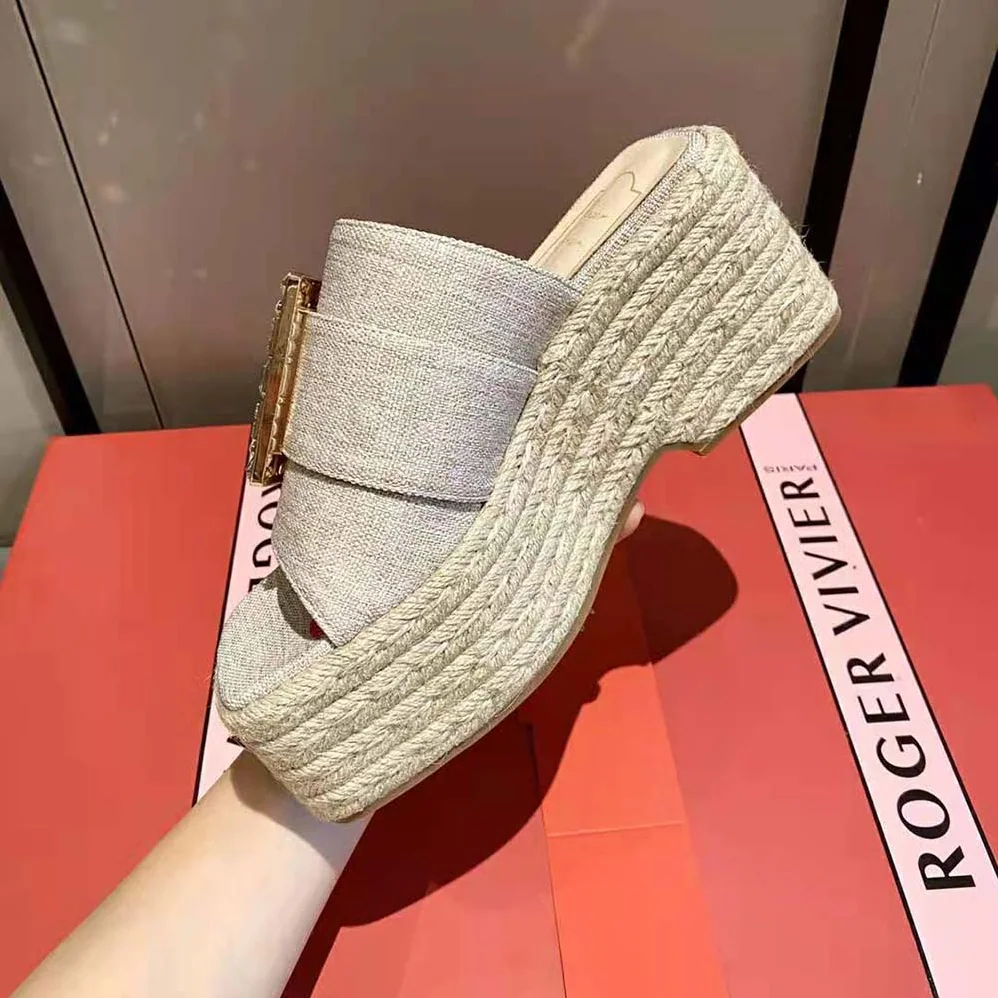 Roger Vivier Strass Buckle Espadrille Platform Mules in Fabrics for Women Roger Vivier Strass Buckle Espadrille Platform Mules in Fabrics for Women
