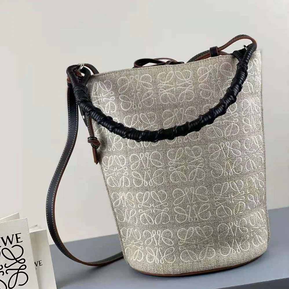 Loewe Gate Bucket Handle Bag in Anagram Linen and Calfskin for Women Loewe Gate Bucket Handle Bag in Anagram Linen and Calfskin for Women