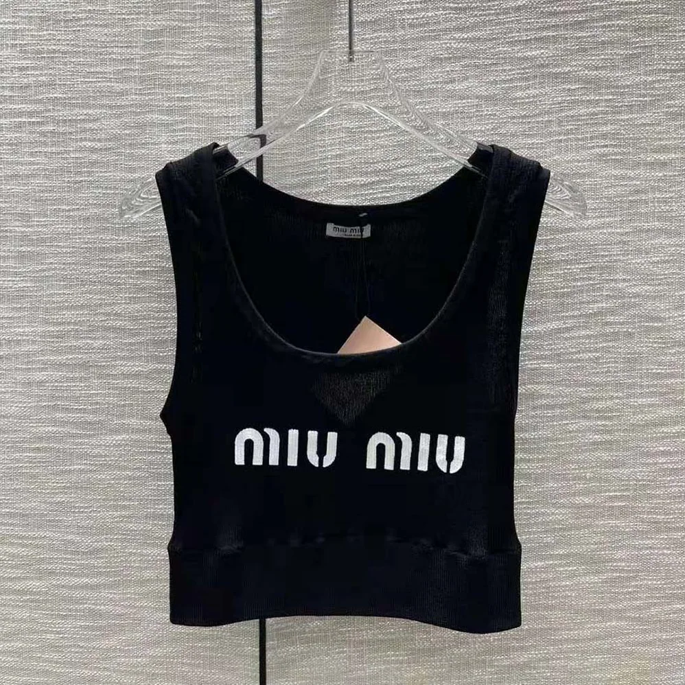 Miu Miu Viscose Top with Intarsia Logo for Women in Black