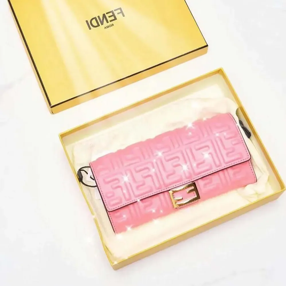Fendi Baguette Continental Wallet With Chain Pink Nappa Leather Wallet for Women