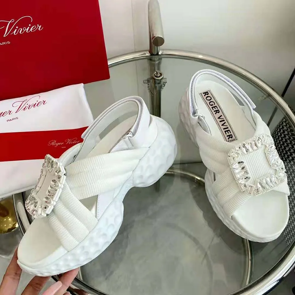 Roger Vivier Viv' Run Light Strass Buckle Sandals in Fabric for Women in White
