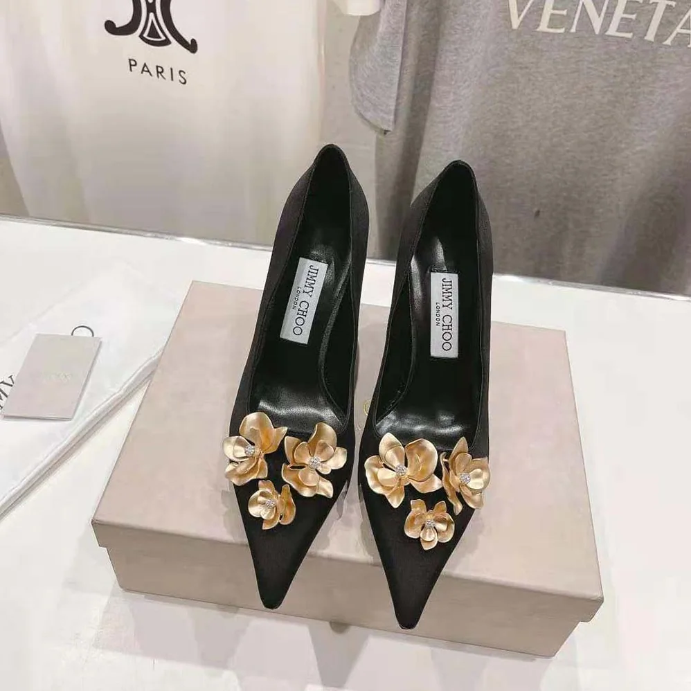 Jimmy Choo Ixia 95 Black Satin Pumps with Flowers-IXIA95BGU for Women