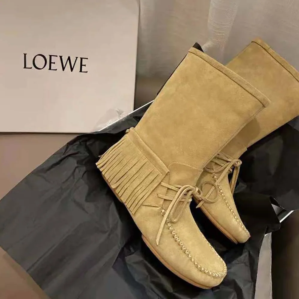 Loewe Fringed Soft Boot in Split Calfskin for Women in Brown