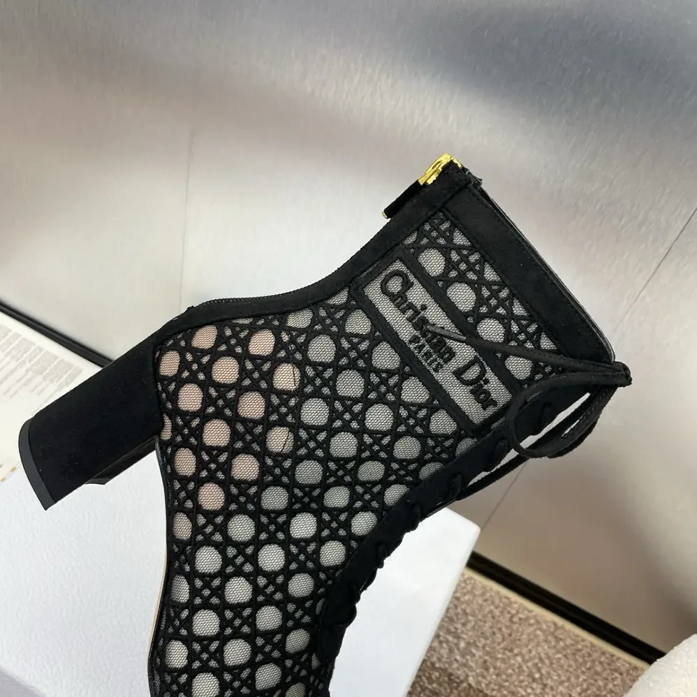 Dior Naughtily-D Heeled Ankle Boot Transparent Mesh Embroidered with Black for Women