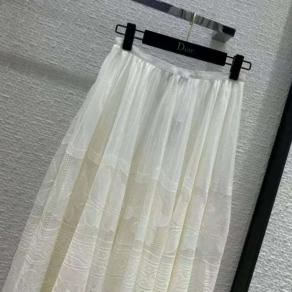 Dior Flared Mid-length Skirt Ecru Technical Cotton Lace with D for Women in Lace Butterfly Motif
