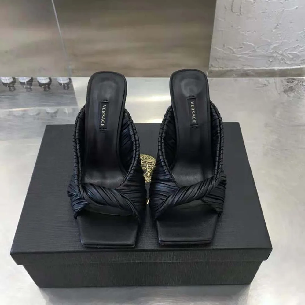 Versace Plisse Nappa Leather Mules in 11cm Heel for Women in Black Versace Plisse Nappa Leather Mules in 11cm Heel for Women in Black