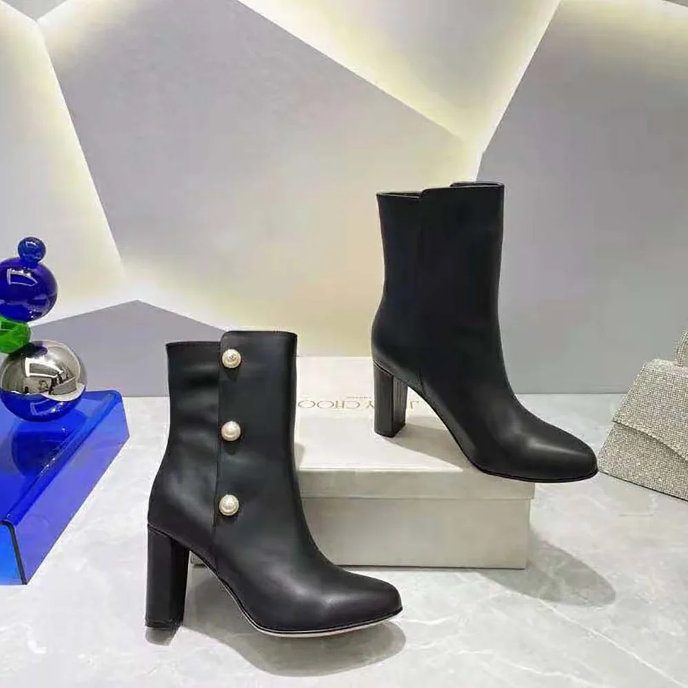Jimmy Choo Black Nappa Leather Mid for Women in Calf Boots with Pearls Jimmy Choo Black Nappa Leather Mid for Women in Calf Boots with Pearls