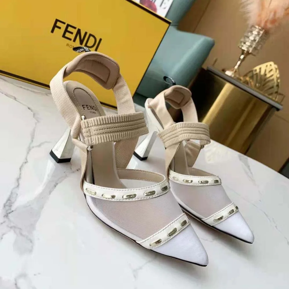 Fendi Colibri Pink Mesh High-Heel Slingbacks with Metal Stitches for Women Fendi Colibri Pink Mesh High-Heel Slingbacks with Metal Stitches for Women