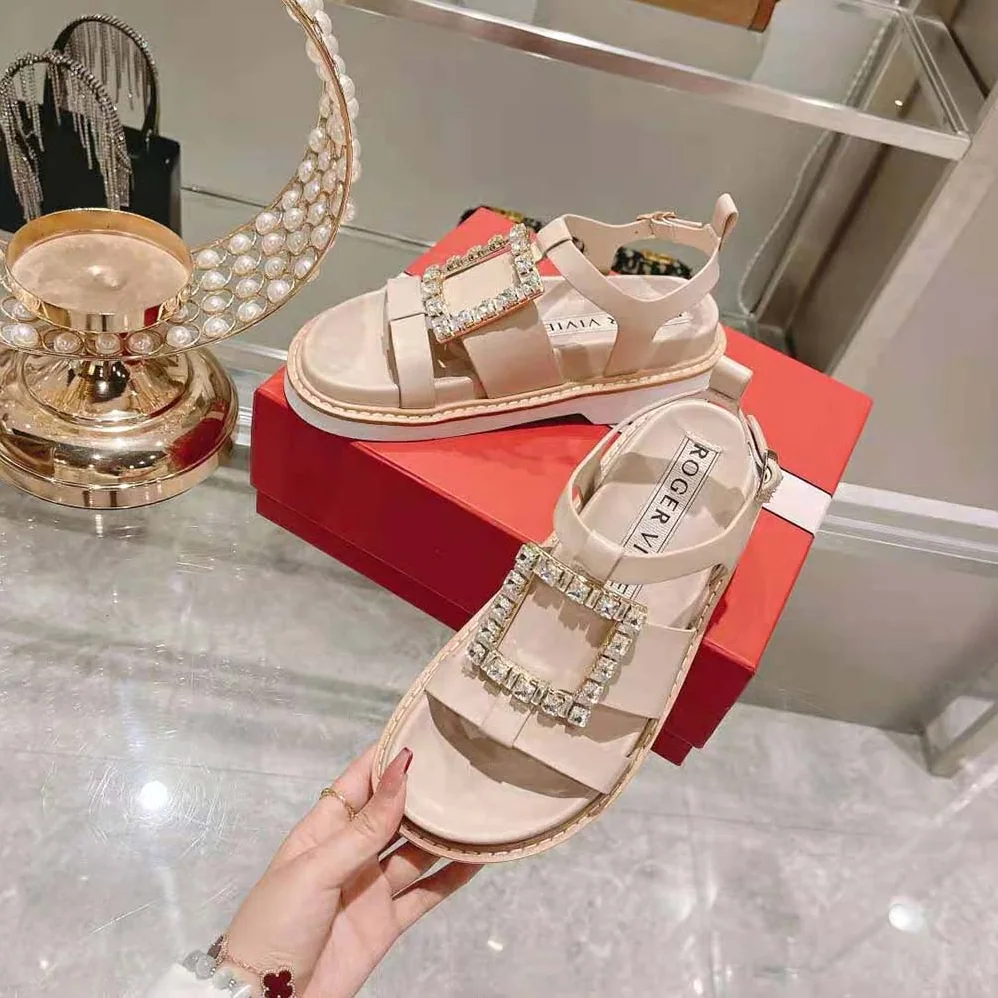 Roger Vivier Viv Rangers Strass Buckle Sandals in Nabuk for Women in Pink Roger Vivier Viv Rangers Strass Buckle Sandals in Nabuk for Women in Pink