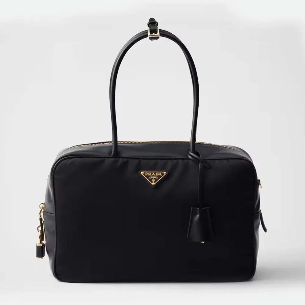 Prada Large Re-Nylon and Leather Top for Women in handle Bag with Padlock Prada Large Re-Nylon and Leather Top for Women in handle Bag with Padlock