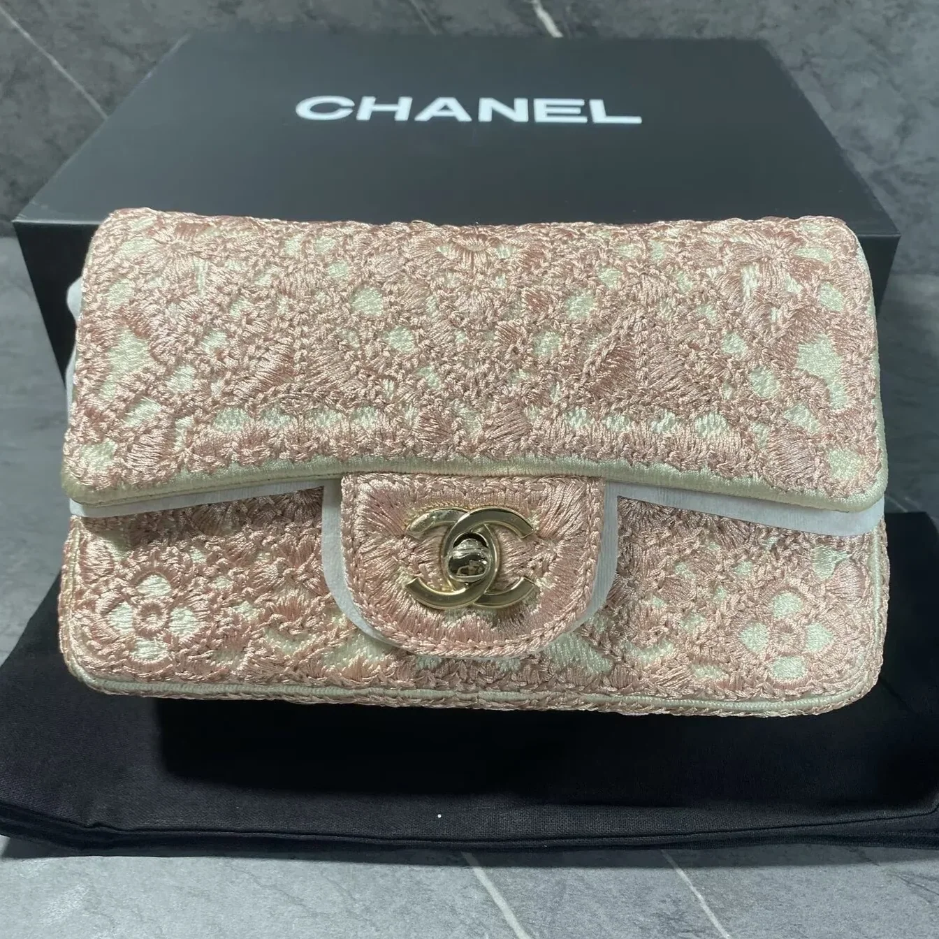 Chanel Crochet Small Flap Bag Crossbody in Pink Gold Hardware Chanel Crochet Small Flap Bag Crossbody in Pink Gold Hardware