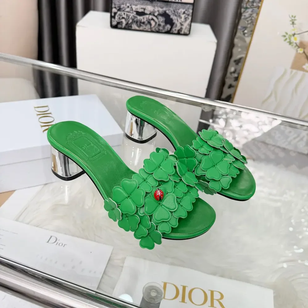 Dior Bloom Heeled Slide Green Dior Clover Embroidered Lambskin for Women Dior Bloom Heeled Slide Green Dior Clover Embroidered Lambskin for Women