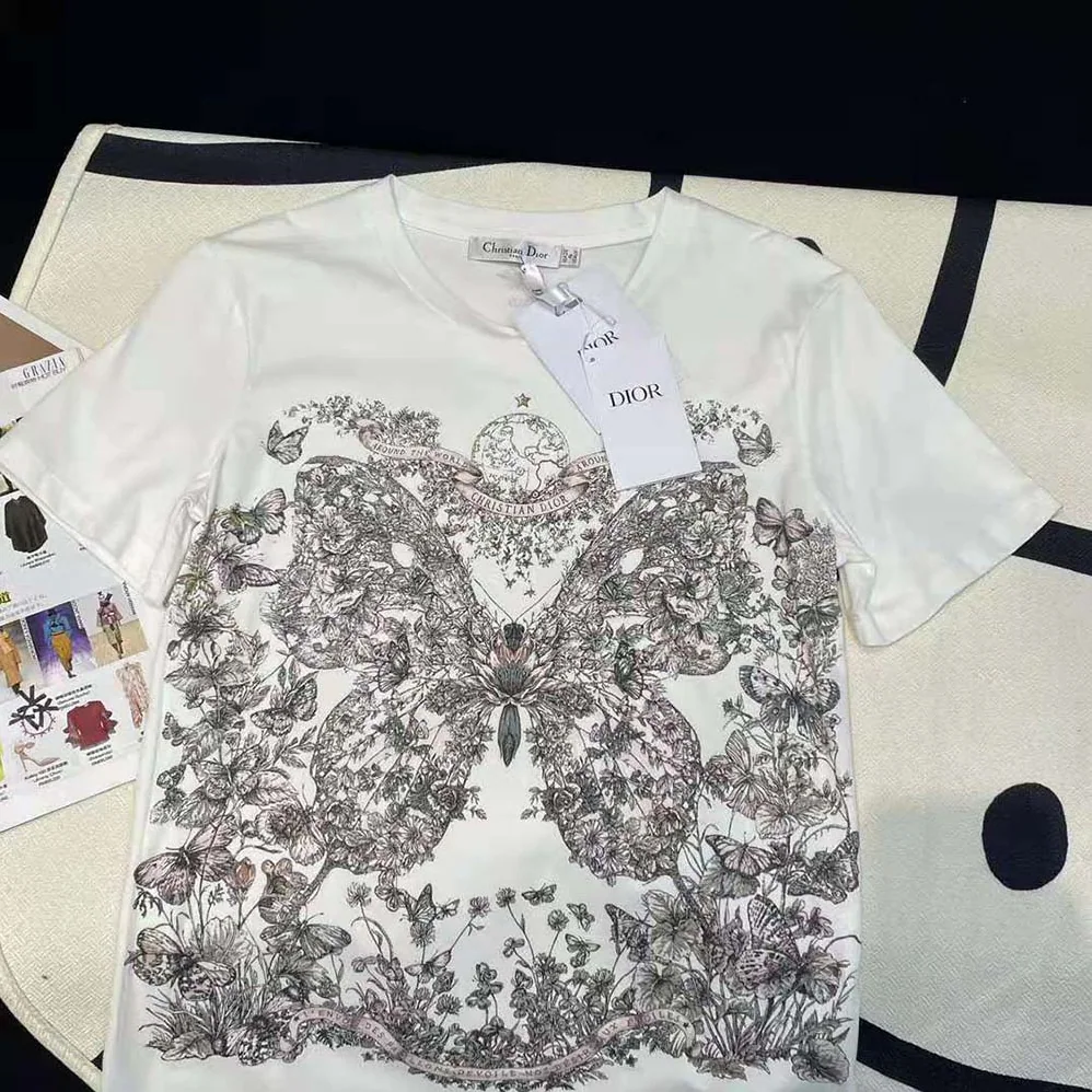 Dior T-Shirt White Cotton and Linen Jersey with Pastel Pink Butterfly Around The World Motif for Women