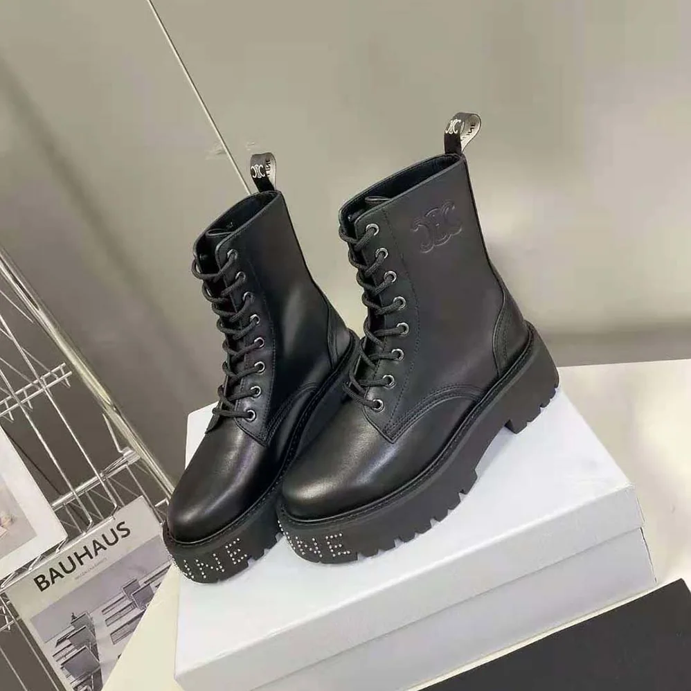 Celine Lace-up Boot with Studded Outsole Celine Bulky in Shiny Bull for Women in Black Celine Lace-up Boot with Studded Outsole Celine Bulky in Shiny Bull for Women in Black
