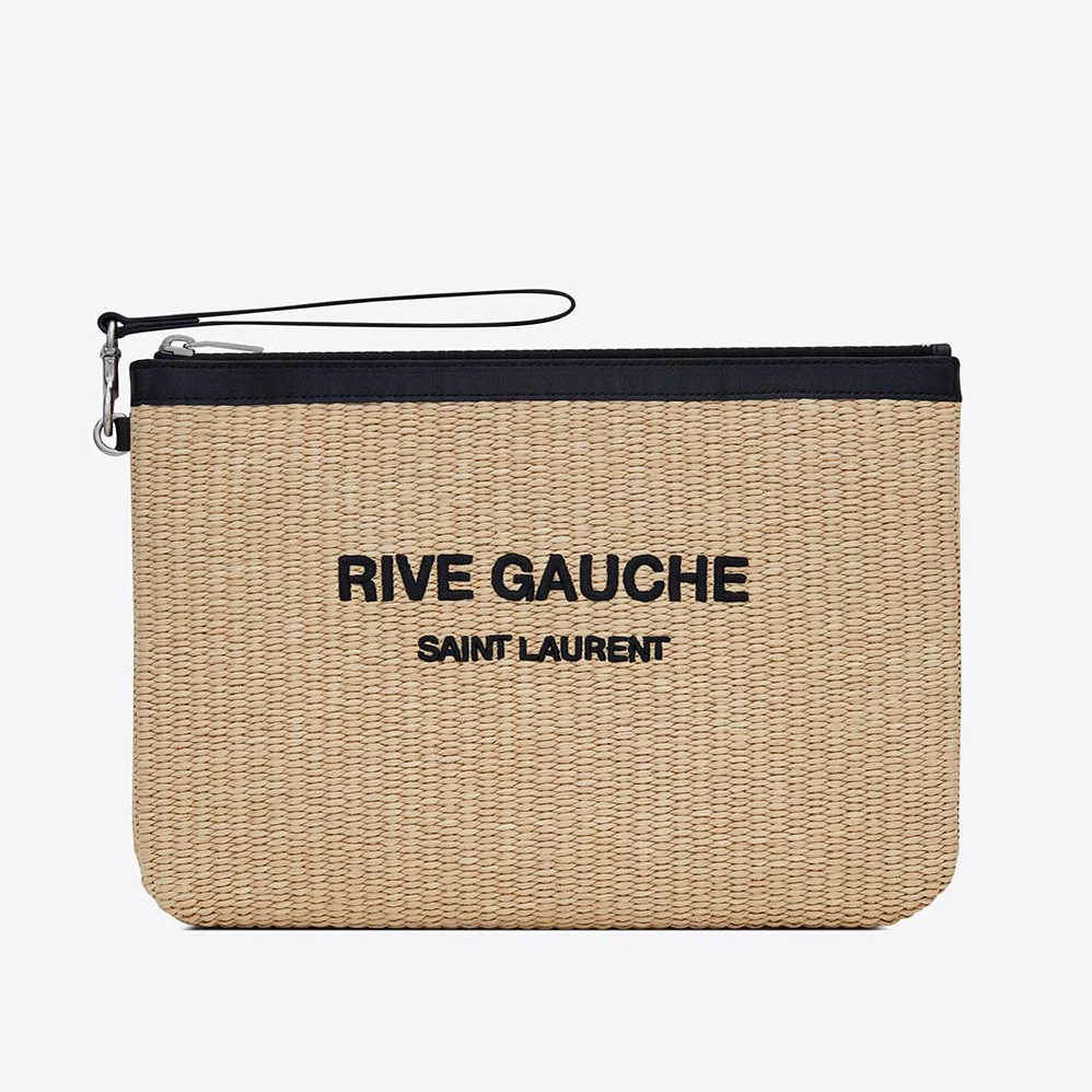 Saint Laurent YSL Rive Gauche Zippered Pouch in Embroidered Raffia and Leather for Women