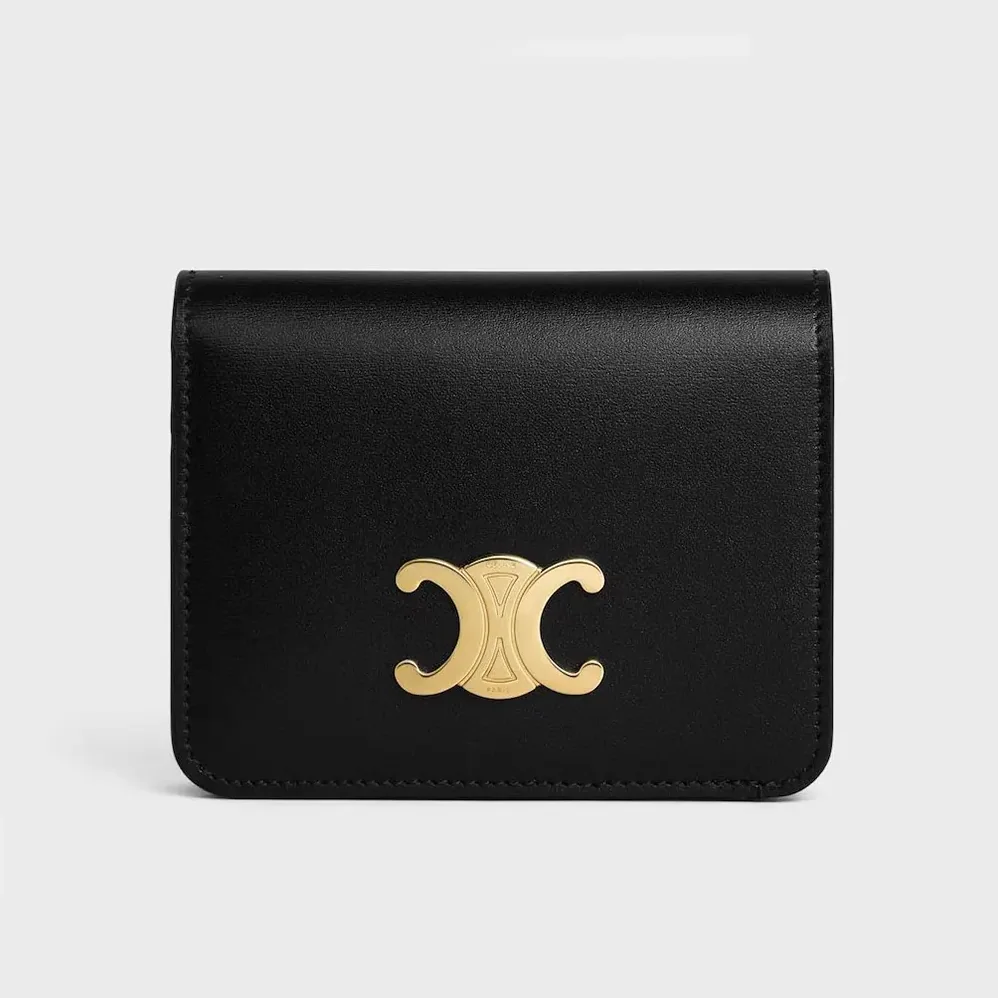 Celine Triomphe Compact Wallet In Shiny Calfskin for Women Celine Triomphe Compact Wallet In Shiny Calfskin for Women