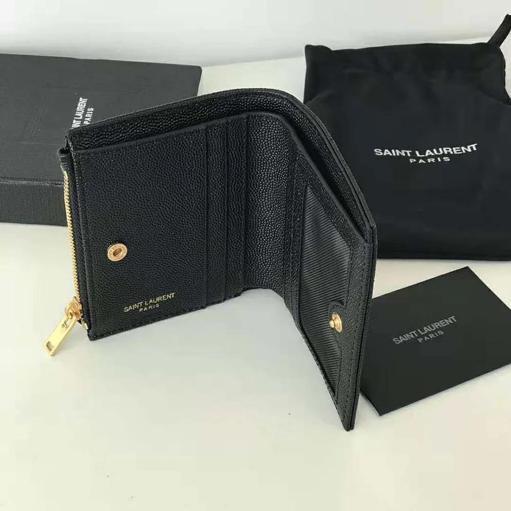 Saint Laurent YSL Monogram Zipped Card Case in Grain DE Poudre Embossed Leather for Women