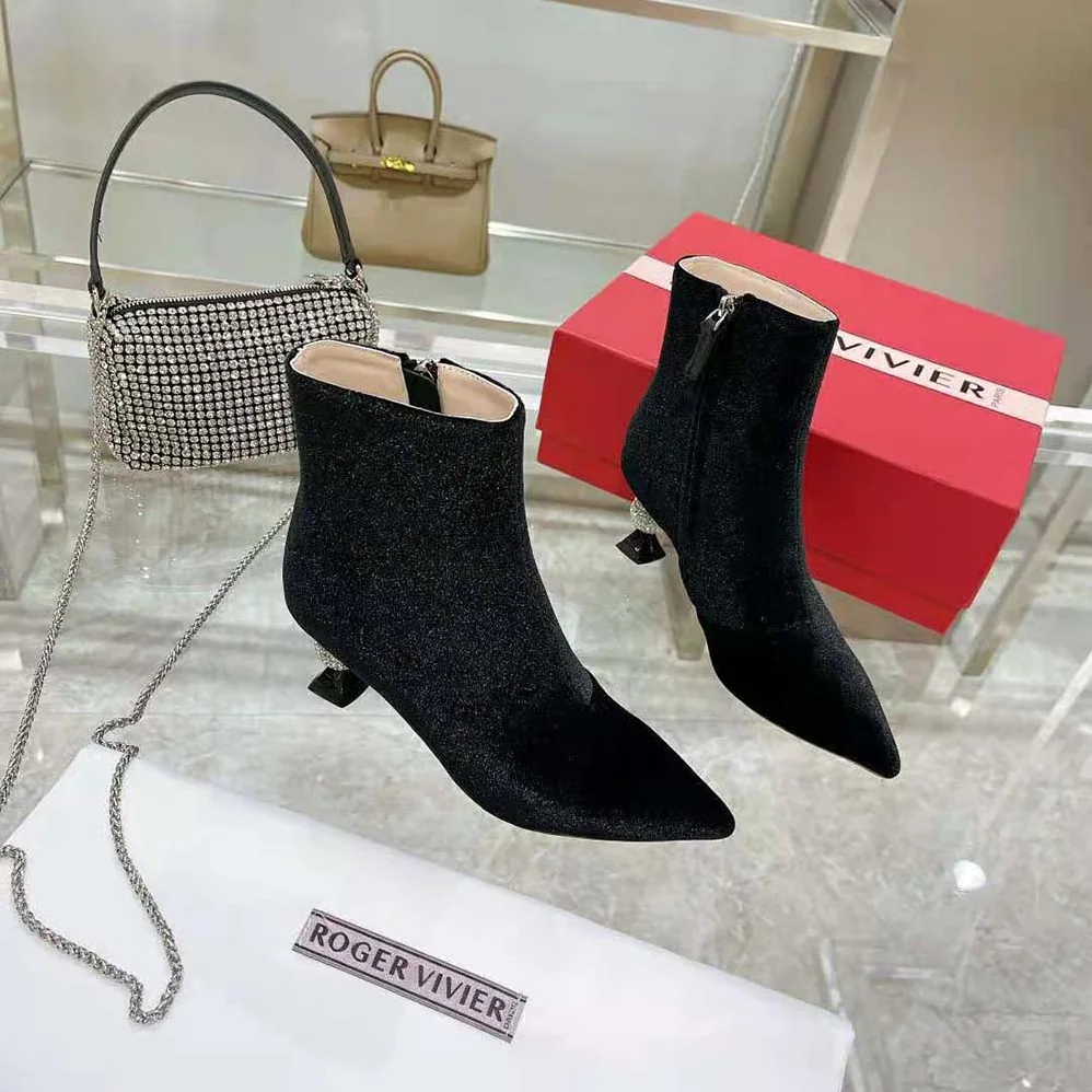 Roger Vivier Marlene Strass Booties in Velvet for Women Roger Vivier Marlene Strass Booties in Velvet for Women