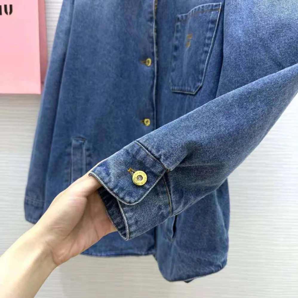 Miu Miu Embroidered Denim Blouson Jacket with Embroidered Logo for Women