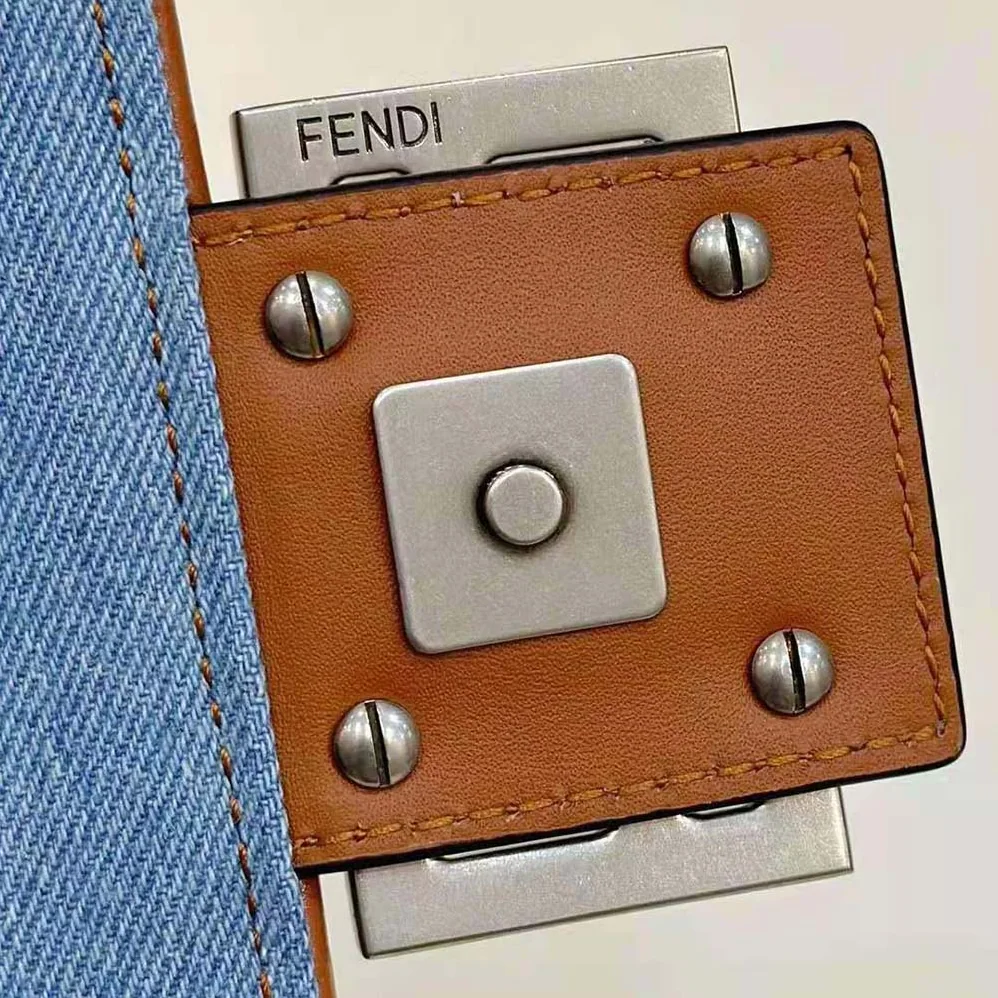 Fendi Baguette Light Blue Denim Bag with FF Embroidery for Women