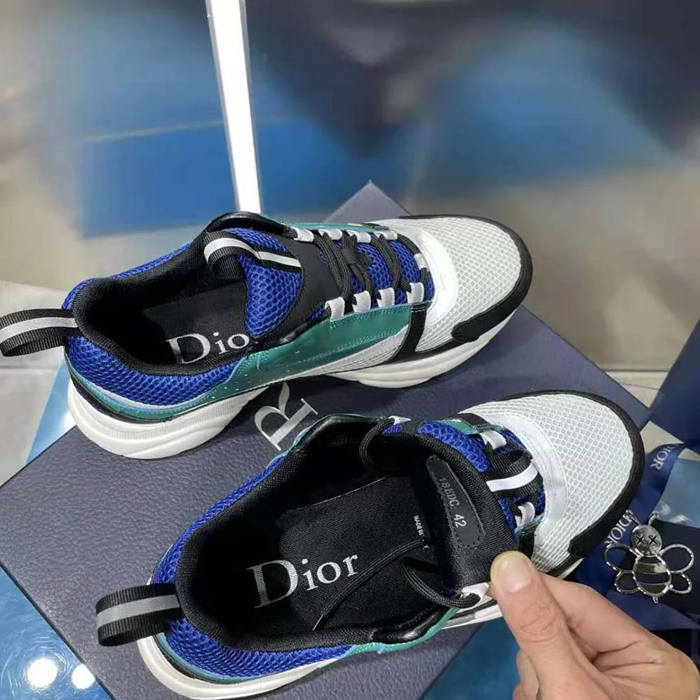 Dior B22 Sneaker White and Blue Technical Mesh with Deep Green and Black Smooth Calfskin for Men