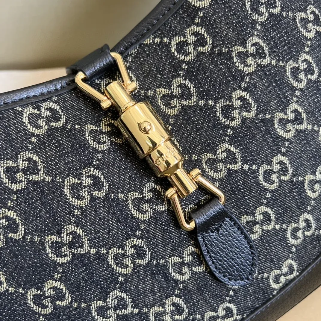 Gucci Jackie 1961 Small Shoulder Bag Black And Ivory GG Denim Jacquard /