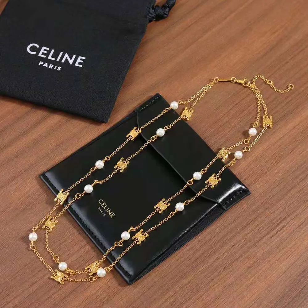 Celine Triomphe Pearl Double Necklace in Brass with Gold Finish and Resin Pearls for Women
