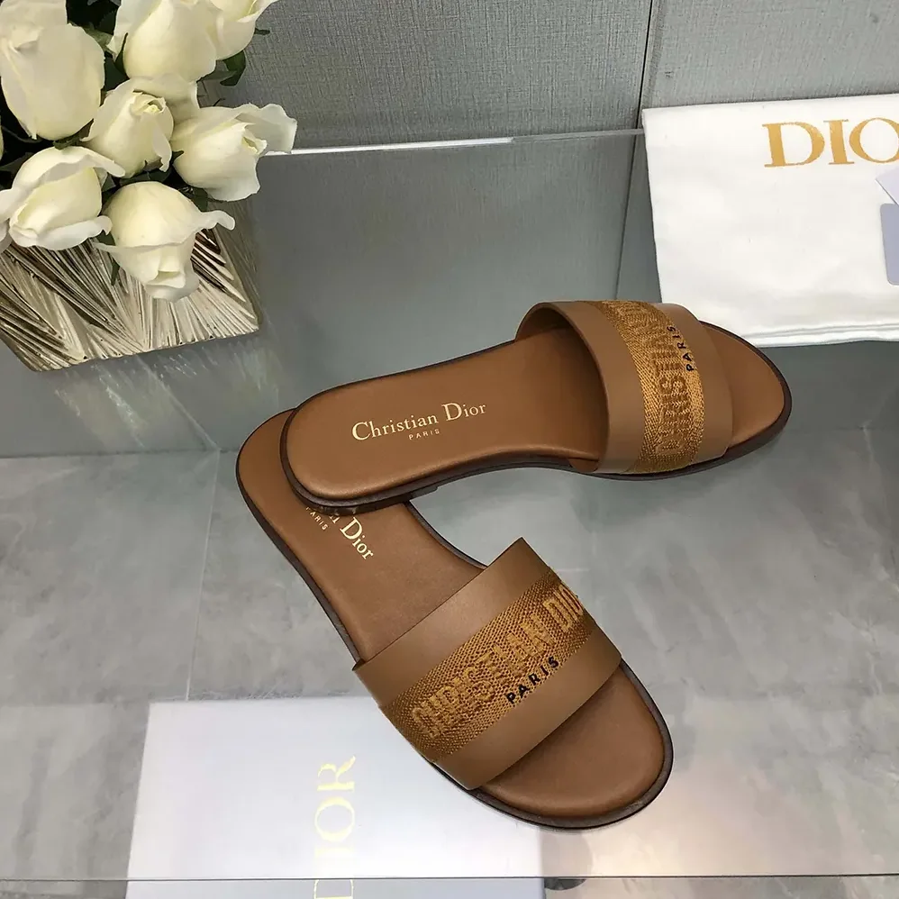 Dior Dway Slide Camel Calfskin and Embroidered Cotton for Women