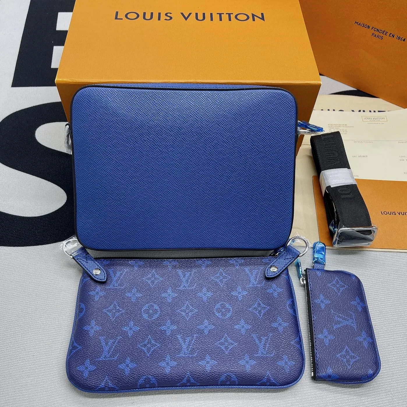 Louis Vuitton Trio Messenger Monogram Canvas And Taiga Cobalt Blue