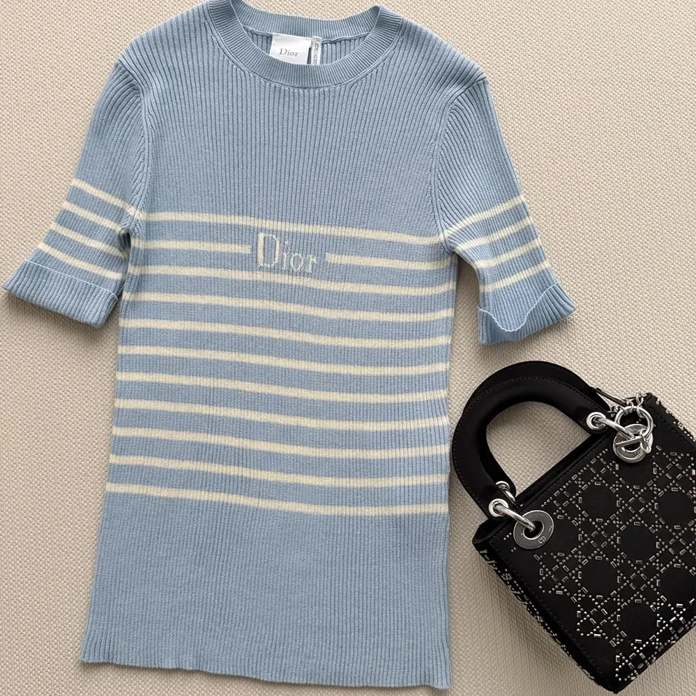 Dior Dioriviera Short-Sleeved Fitted Sweater Sky Blue and White D for Women in Stripes Ribbed Cotton Knit