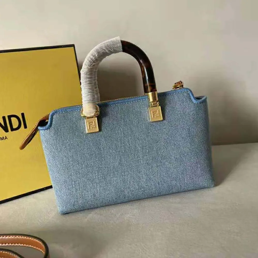 Fendi By The Way Mini Light Blue Denim Small Boston Bag for Women