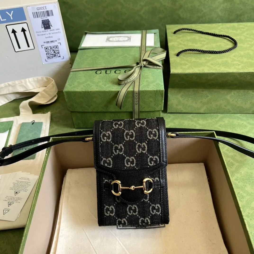 Gucci Horsebit 1955 Mini Bag Black And Ivory GG Denim Jacquard /