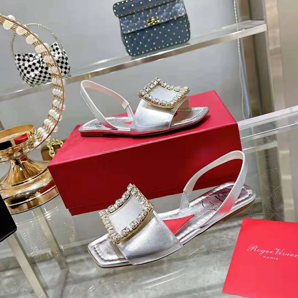 Roger Vivier Biki Love Strass Buckle Sandals in Leather for Women in Silver Roger Vivier Biki Love Strass Buckle Sandals in Leather for Women in Silver