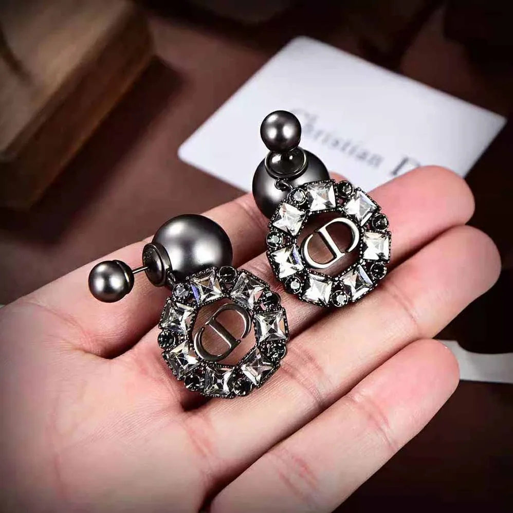 Dior Tribales Earrings Ruthenium-Finish Metal with Gray Resin Pearls and Black Crystals for Women Dior Tribales Earrings Ruthenium-Finish Metal with Gray Resin Pearls and Black Crystals for Women