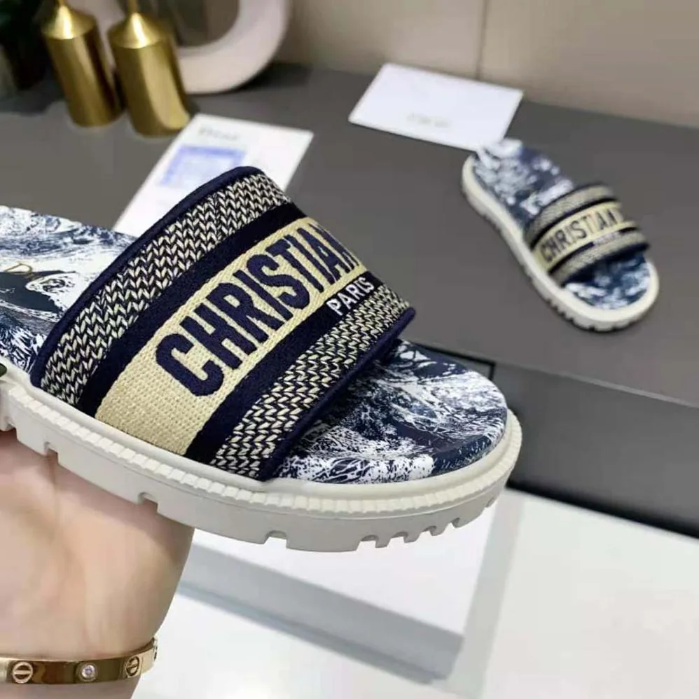 Dior Dway Slide Deep Blue Toile de Jouy Reverse Embroidered Cotton for Women