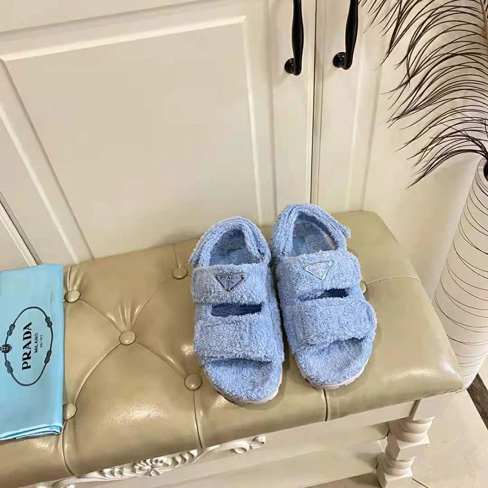 Prada Terrycloth Sandals with Enameled Metal Triangle Logo for Women in Blue