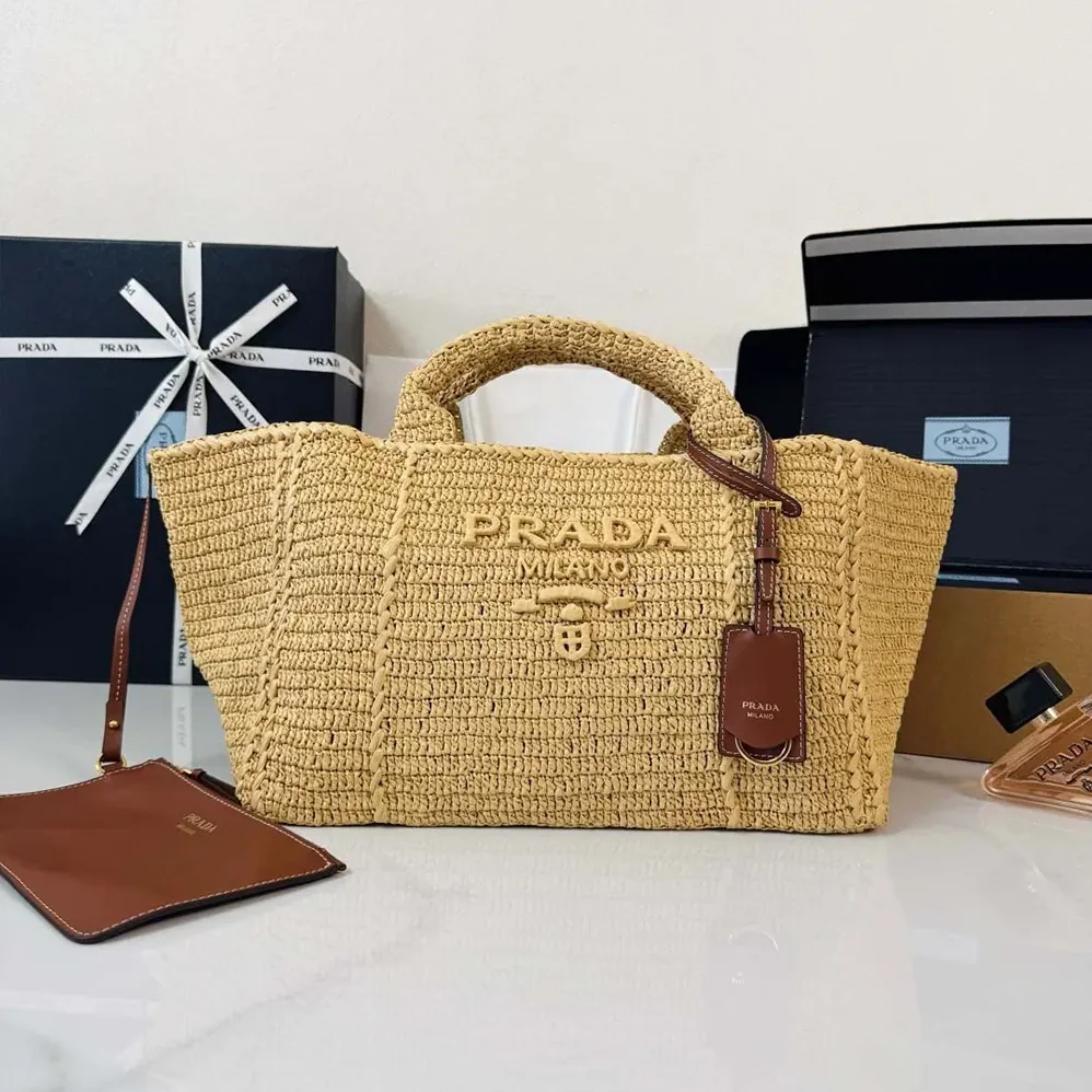Prada Large Crochet Tote Bag with Leather Details for Women in Natural Prada Large Crochet Tote Bag with Leather Details for Women in Natural