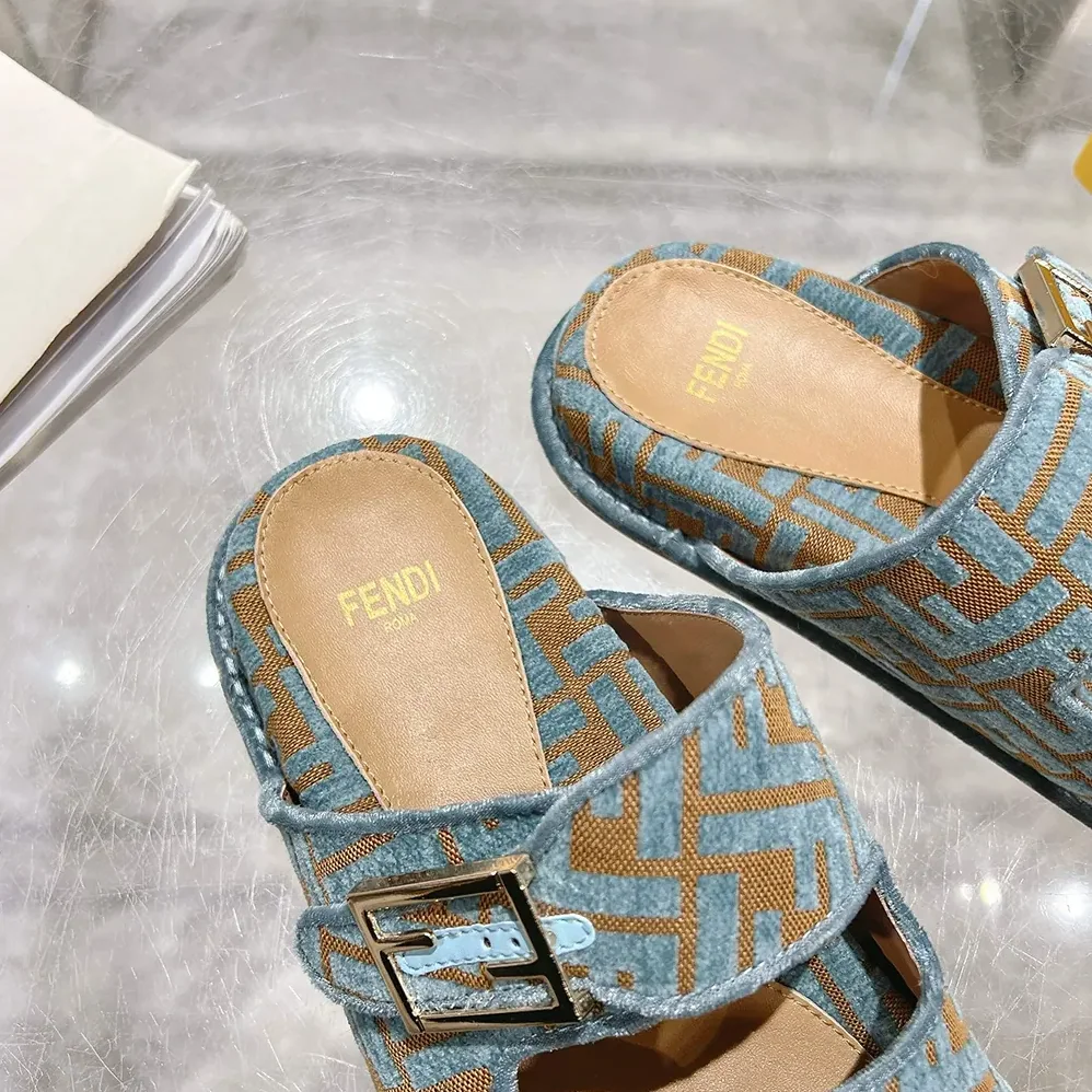 Fendi Feel Light Blue FF Jacquard Velvet Slides for Women