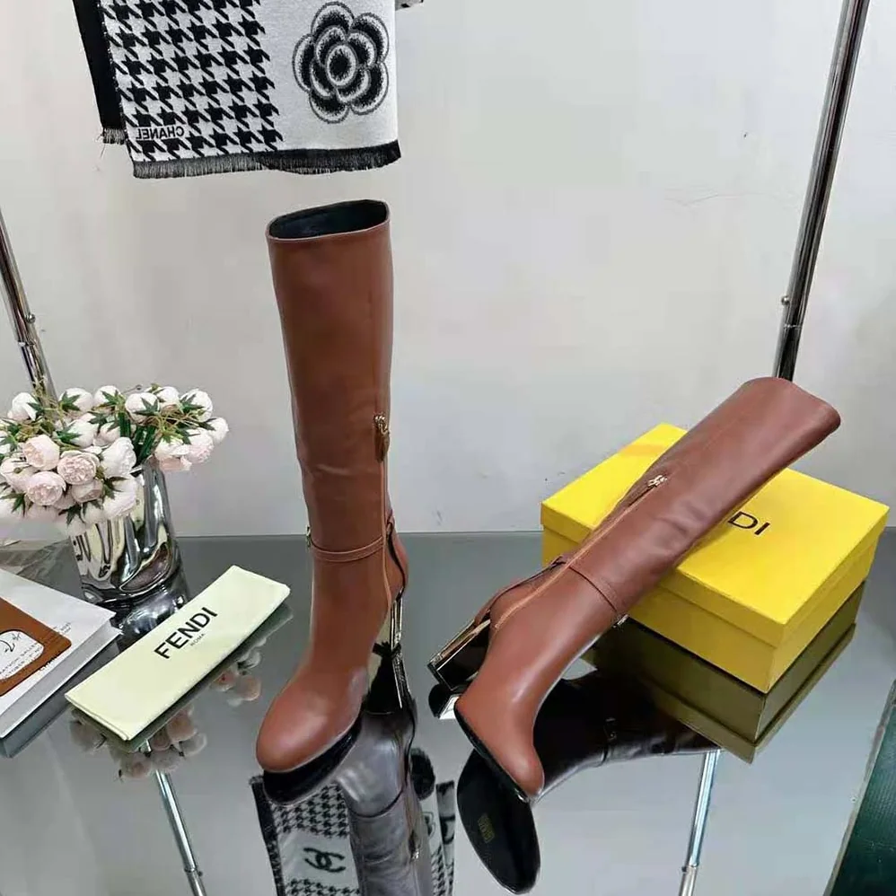 Fendi Delfina Leather High-heeled Boots for Women in Brown Fendi Delfina Leather High-heeled Boots for Women in Brown