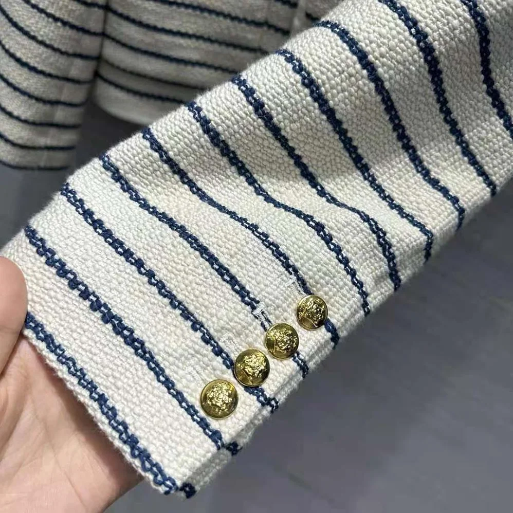 Celine Cardigan Jacket with Leather Details in Striped Cotton for Women Celine Cardigan Jacket with Leather Details in Striped Cotton for Women